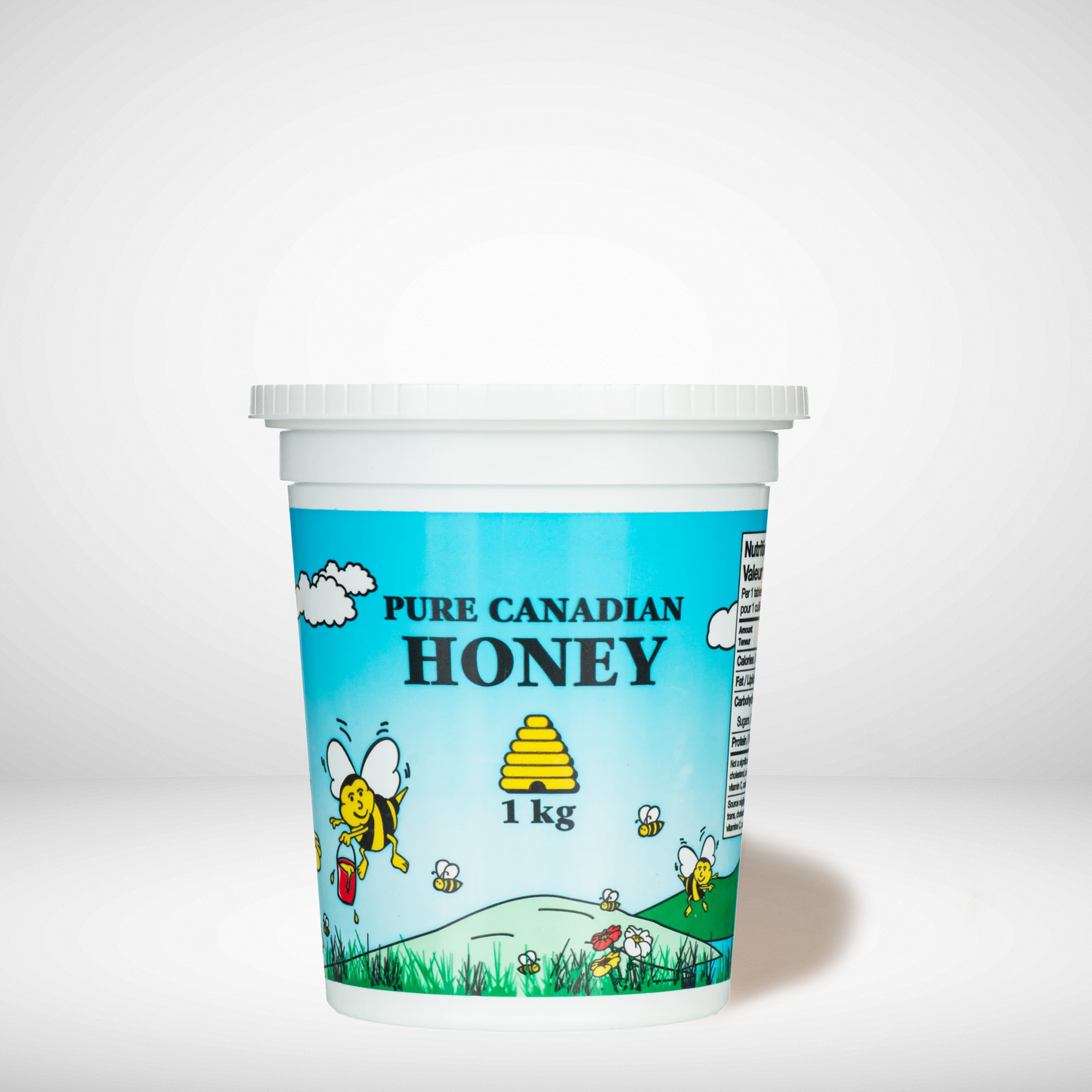 A plastic pail labeled 'PURE CANADIAN HONEY' with a weight indication of 1 kg. The pail features illustrations of bees and a honeycomb, and has a predominantly blue background.