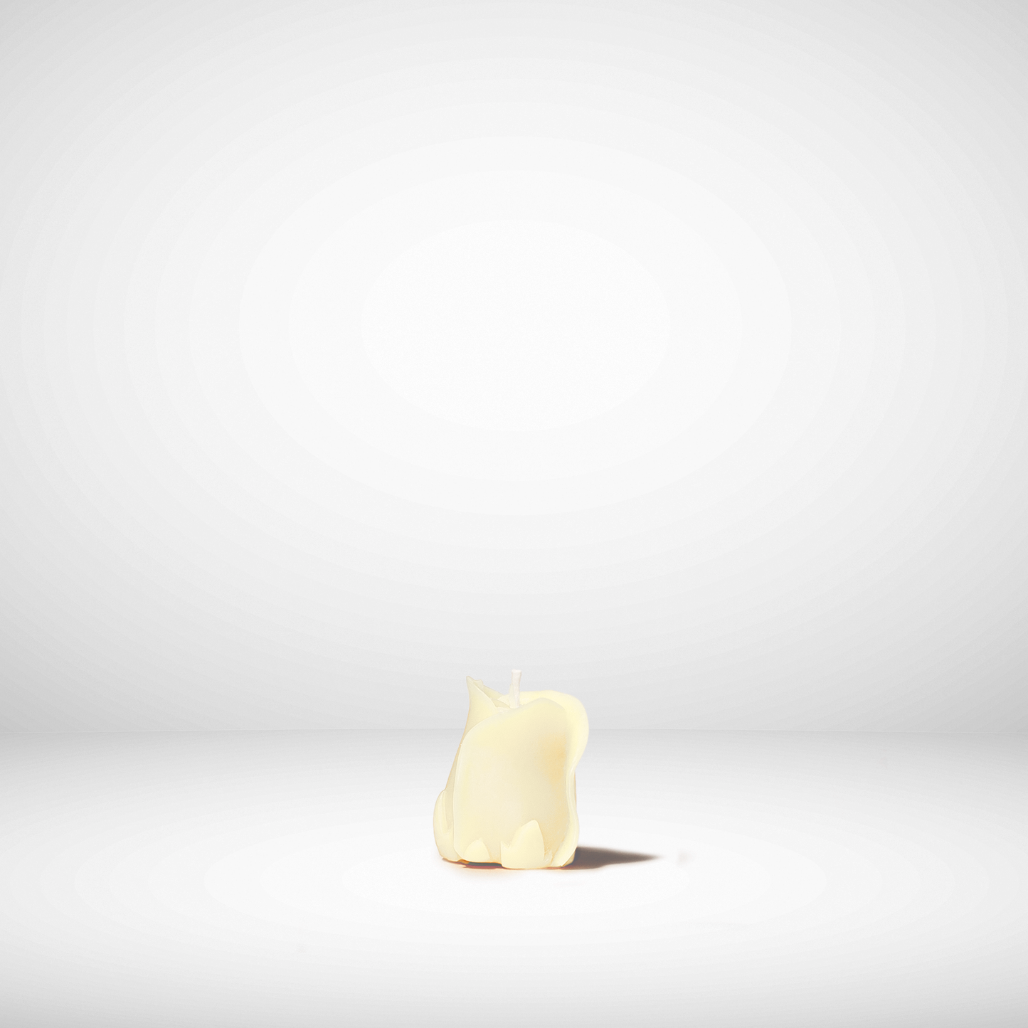 Small white beeswax candle on a light gray background
