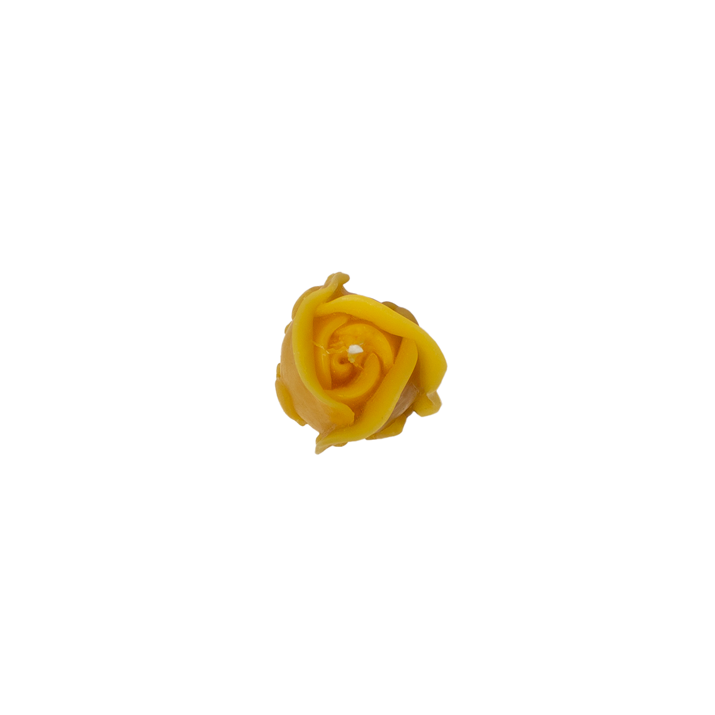 Yellow rose beeswax candle on a white background looking from above down.