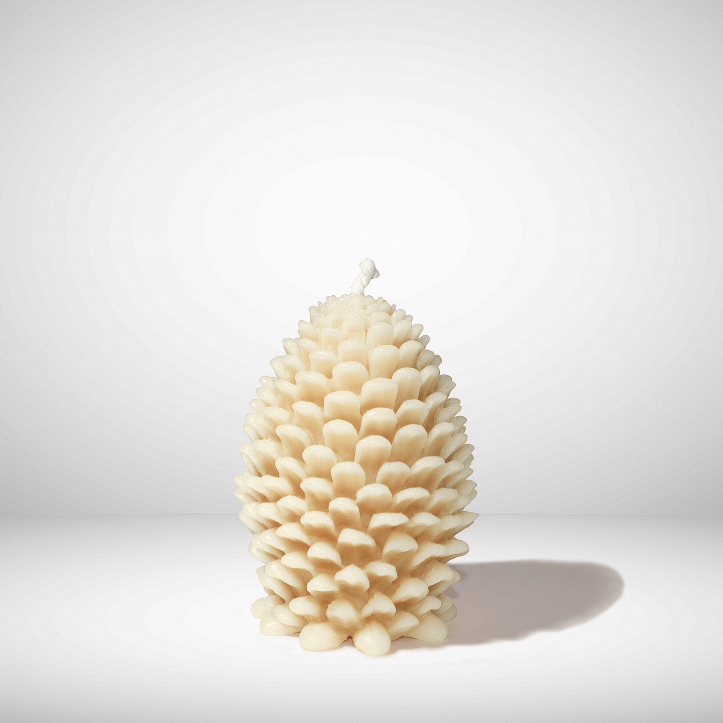 Pine cone-shaped beeswax candle on a white background