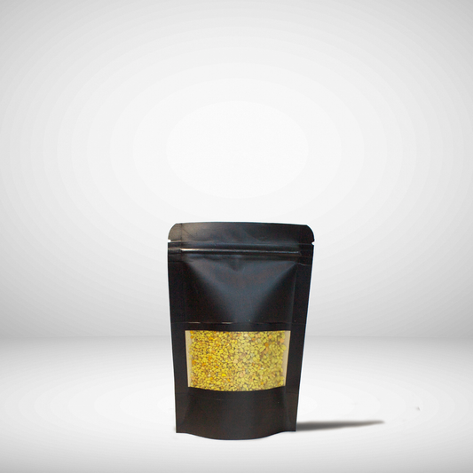 A black pouch of bee pollen from Canadian bee hives. 