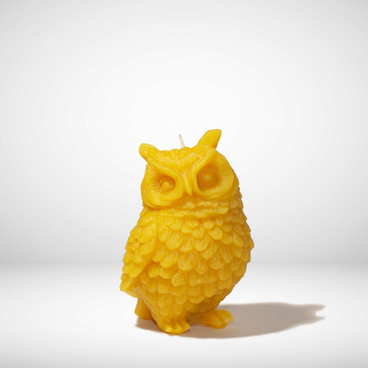 Yellow owl-shaped candle on a white background