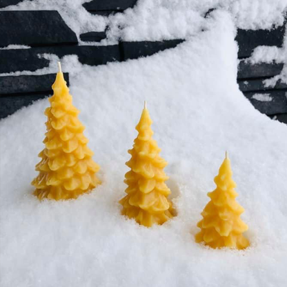 Three yellow pine tree beeswax candles on a snowy surface with a dark stone wall in the background.