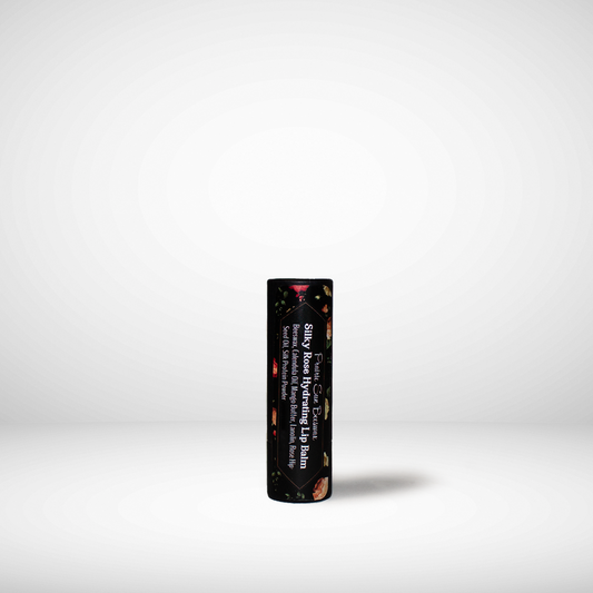 Black beeswax lip balm tube with text on a white background