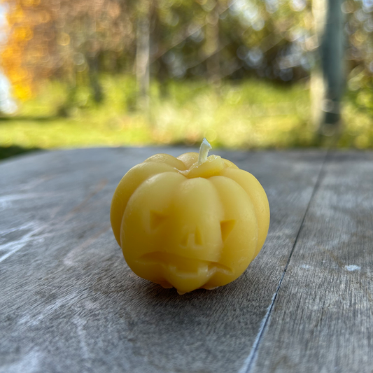 Yellow beeswax candle shaped like a pumpkin with a carved face on a wooden surface outdoors.