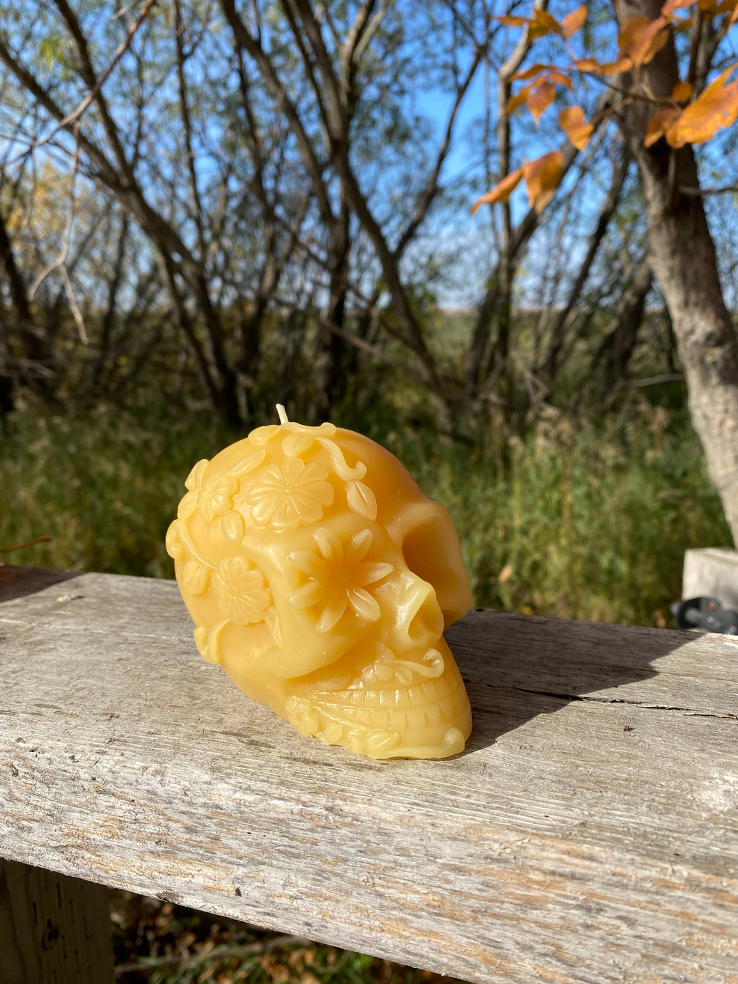 Beeswax Flower Skull Candle
